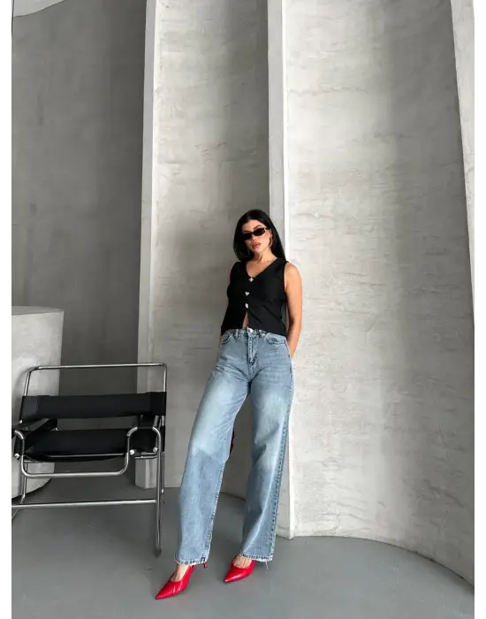 Palazzo straight kar yıkama jeans pantolon mavi  