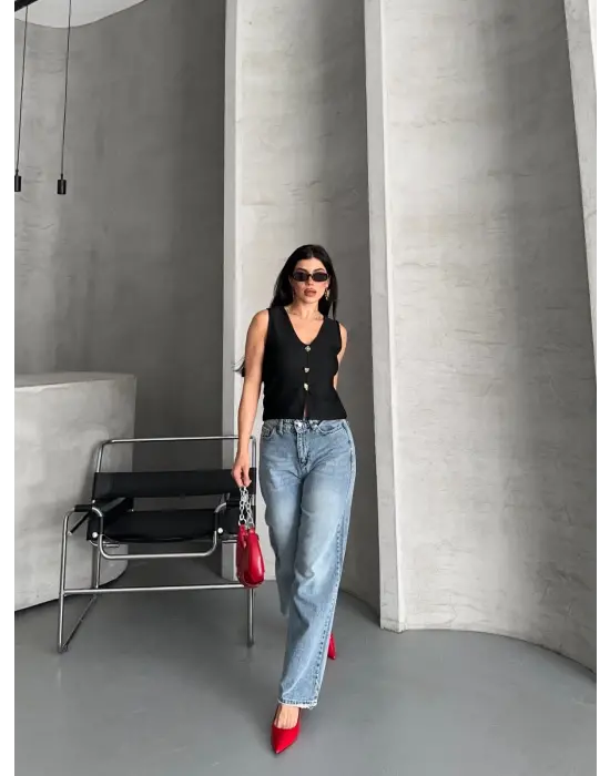 Palazzo straight kar yıkama jeans pantolon mavi d2008