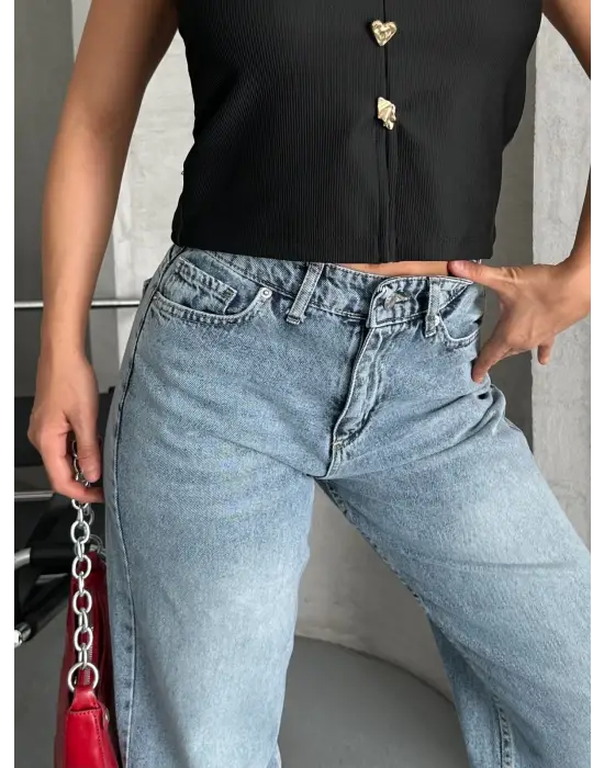 Palazzo straight kar yıkama jeans pantolon mavi  