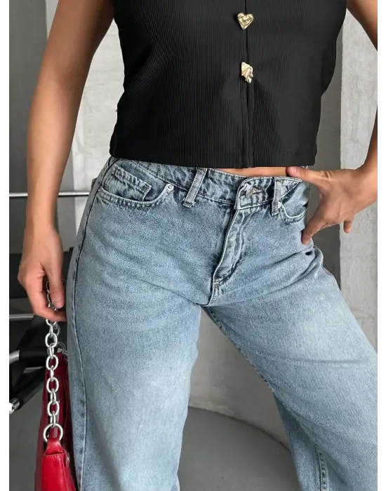 Palazzo straight kar yıkama jeans pantolon mavi d2008