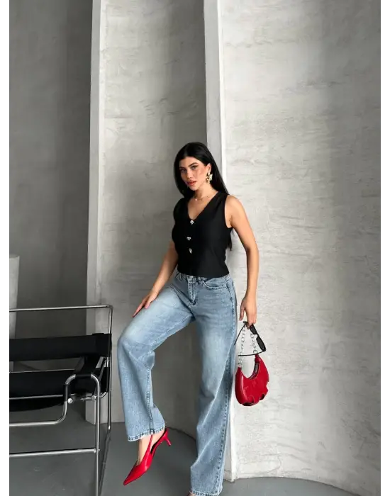 Palazzo straight kar yıkama jeans pantolon mavi  