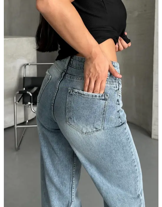 Palazzo straight kar yıkama jeans pantolon mavi d2008