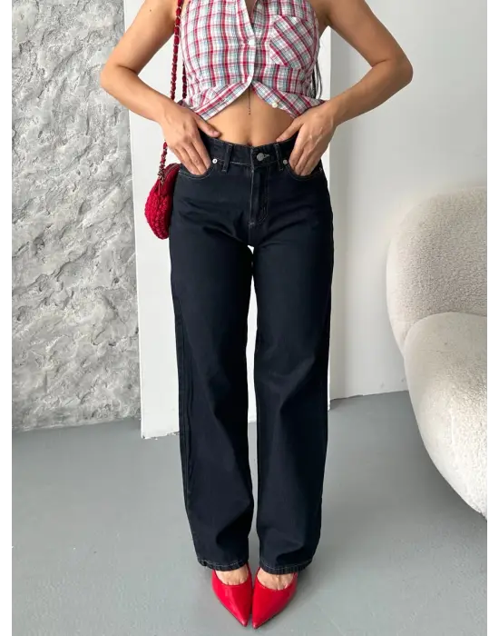 Palazzo süper taş enzim tint yıkama koyu lacivert jeans pantolon  