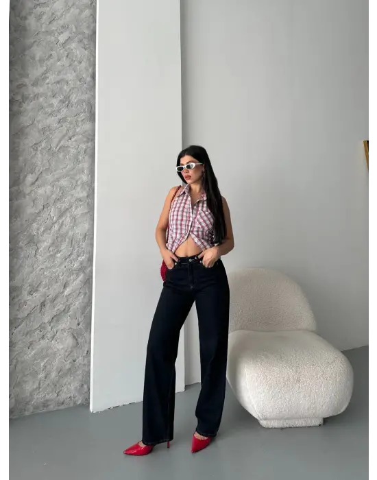 Palazzo süper taş enzim tint yıkama koyu lacivert jeans pantolon d2008