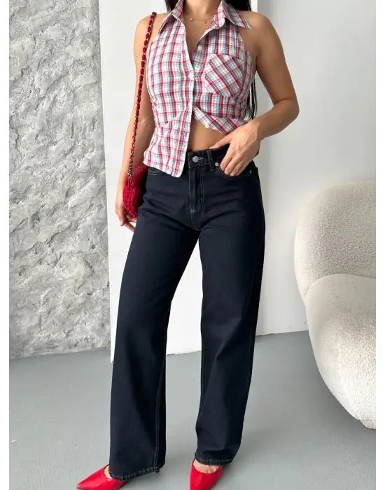 Palazzo süper taş enzim tint yıkama koyu lacivert jeans pantolon  