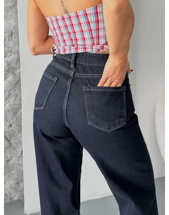 Palazzo süper taş enzim tint yıkama koyu lacivert jeans pantolon  