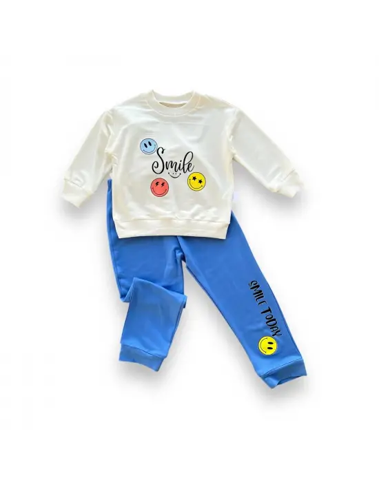Omarı Emoji Desenli Pamuk Penye Erkek Bebek Takımı - Mavi