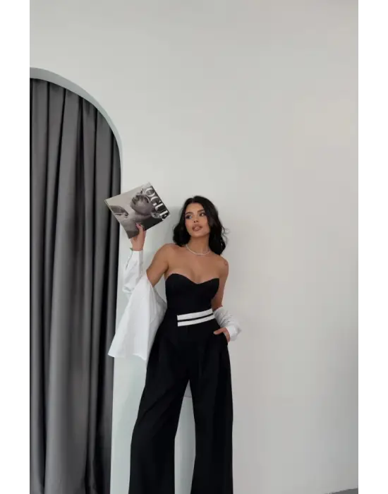 Omarı Trend Bel Şerit Detaylı Siyah Pantolon