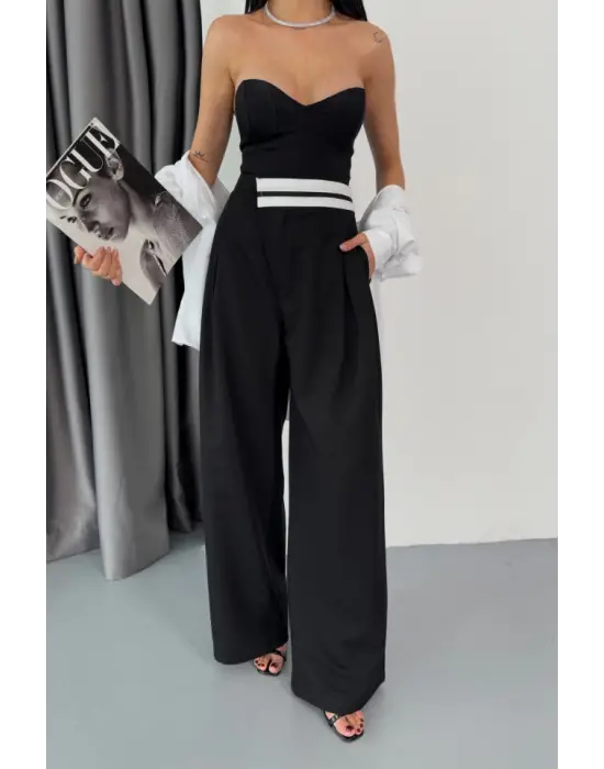 Omarı Trend Bel Şerit Detaylı Siyah Pantolon