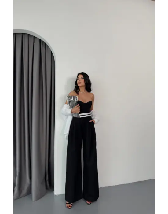 Omarı Trend Bel Şerit Detaylı Siyah Pantolon