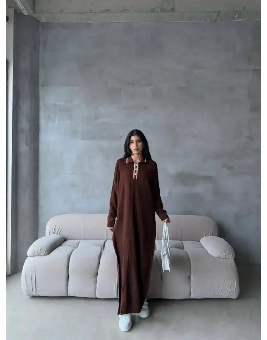 Pantolon yırtmaçlı elbise ikili triko takım kahve elf