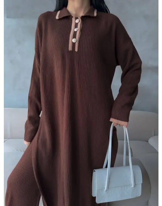 Pantolon yırtmaçlı elbise ikili triko takım kahve elf