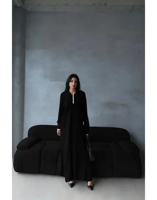 Pantolon yırtmaçlı elbise ikili triko takım siyah elf