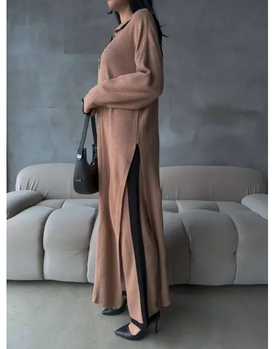 Pantolon yırtmaçlı elbise ikili triko takım vizon elf