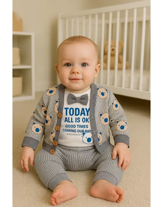 Papyonlu Bear Çizgili Model Ceketli 3lü Erkek Bebek Takımı