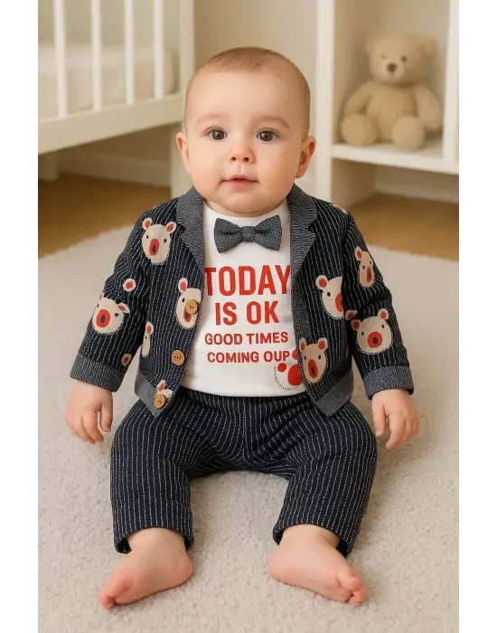 Papyonlu Bear Çizgili Model Ceketli 3lü Erkek Bebek Takımı