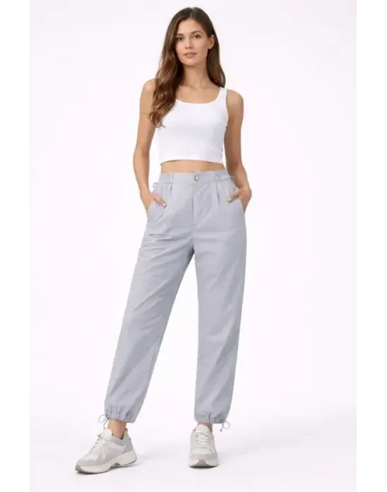 Paraşüt Kumaş Pantolon Bel Ve Paça Ayarlanabilir Lastikli Spor Pantolon - Gri