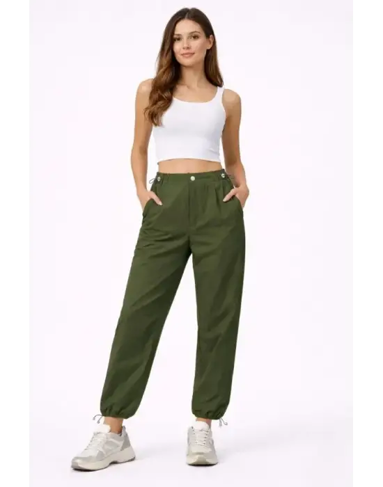 Paraşüt Kumaş Pantolon Bel Ve Paça Ayarlanabilir Lastikli Spor Pantolon - Haki