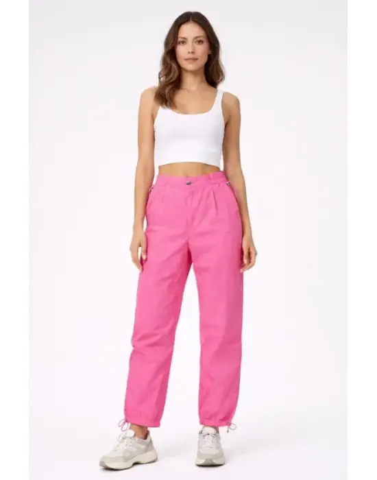 Paraşüt Kumaş Pantolon Bel Ve Paça Ayarlanabilir Lastikli Spor Pantolon - Pembe