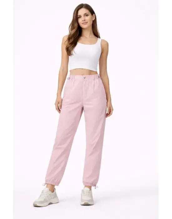 Paraşüt Kumaş Pantolon Bel Ve Paça Ayarlanabilir Lastikli Spor Pantolon - Toz Pembe