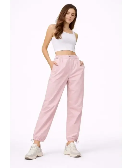 Paraşüt Kumaş Pantolon Bel Ve Paça Ayarlanabilir Lastikli Spor Pantolon - Toz Pembe