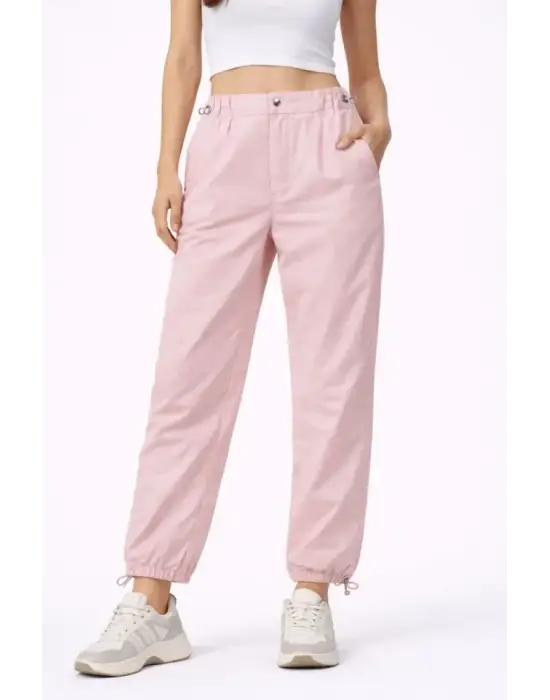 Paraşüt Kumaş Pantolon Bel Ve Paça Ayarlanabilir Lastikli Spor Pantolon - Toz Pembe