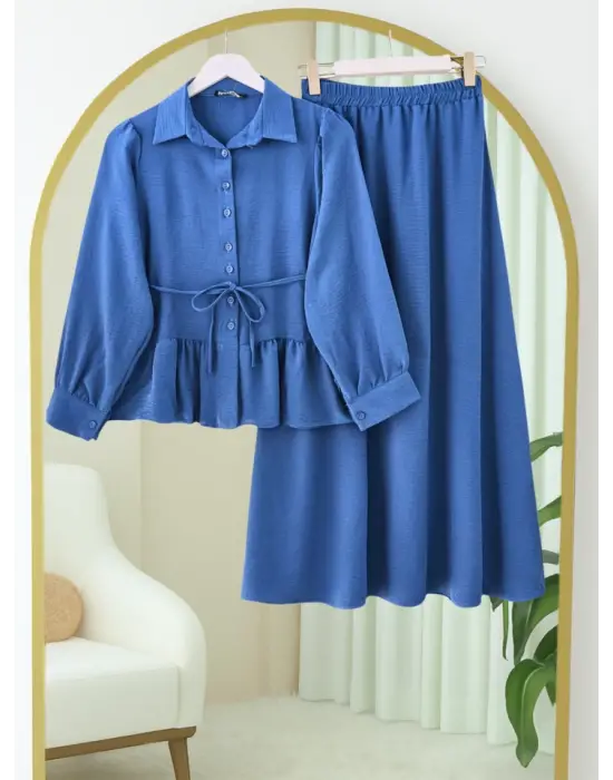 Omarı Büzgülü Bluz Etekli Takım -İndigo Modası