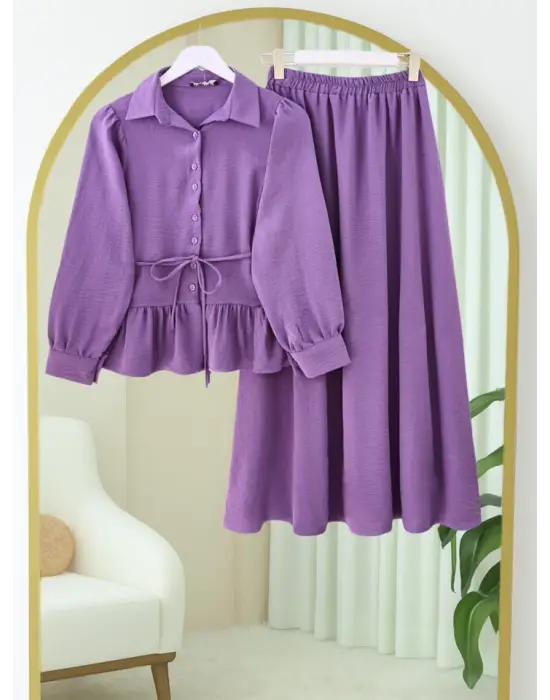 Omarı Mor Parçalı Büzgülü Takım