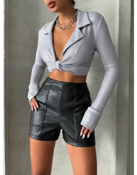 Parçalı cepli deri şort siyah w26312