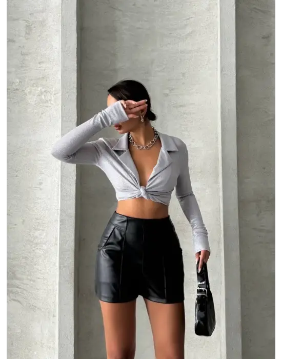 Parçalı cepli deri şort siyah w26312