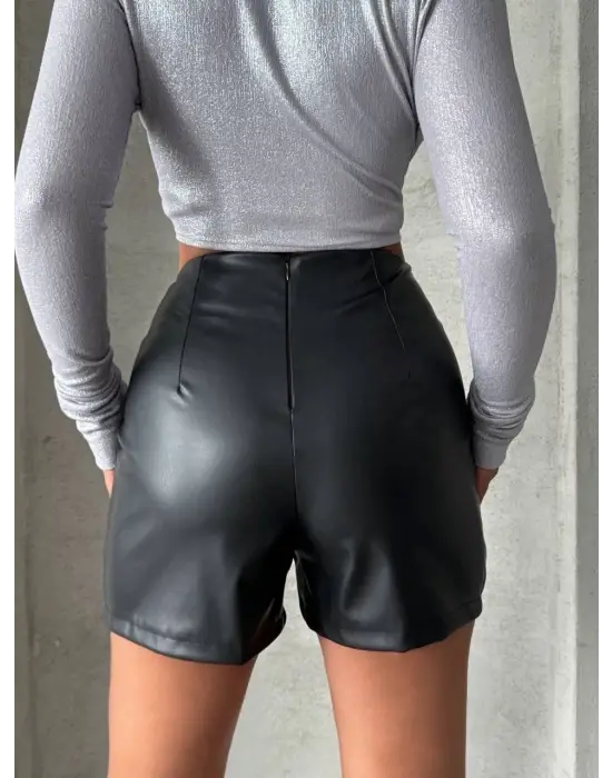 Parçalı cepli deri şort siyah w26312