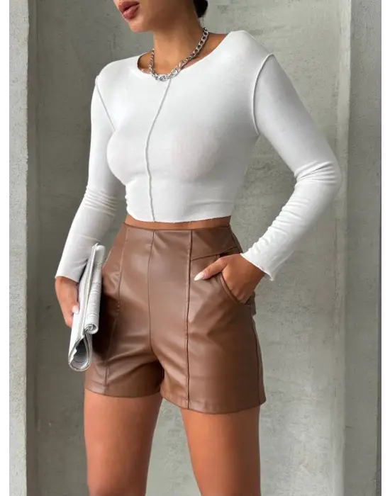 Parçalı cepli deri şort taba w26312