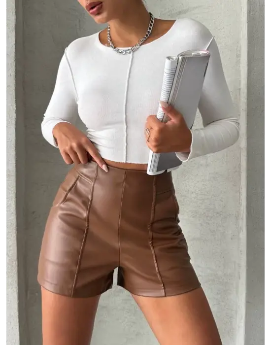 Parçalı cepli deri şort taba w26312