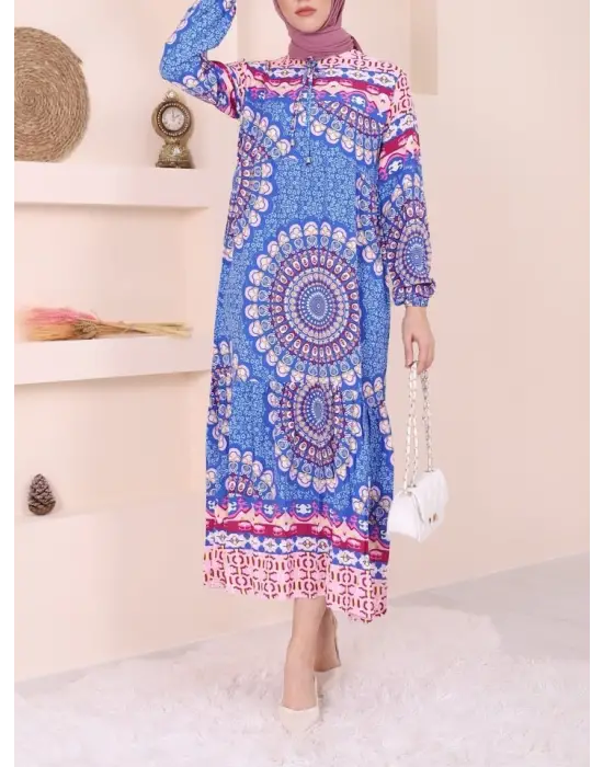 Parçalı Deseli Bağcıklı Kolu Lastikli Elbise  -Mavi