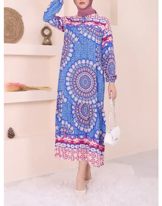 Omarı Mavi Parçalı Desenli Elbise Hızlı Bağcıklı Moda Trendi