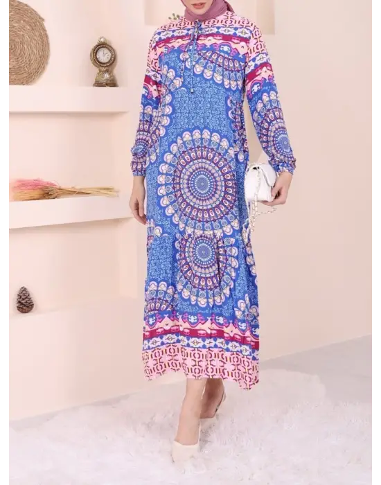 Omarı Mavi Parçalı Desenli Elbise Hızlı Bağcıklı Moda Trendi