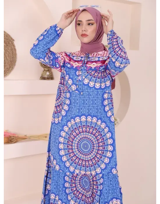 Mavi Parçalı Deseli Bağcıklı Elbise