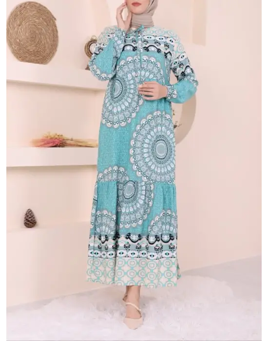 Omarı Prenses Kesim Mini Elbise - Mint renkli