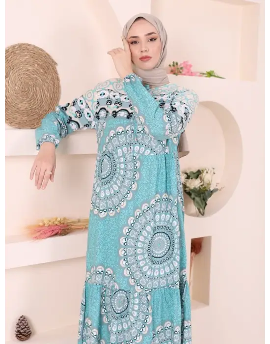 Parçalı Deseli Bağcıklı Kolu Lastikli Elbise  -Mint