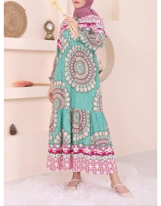 Parçalı Deseli Bağcıklı Kolu Lastikli Elbise  -Yeşil