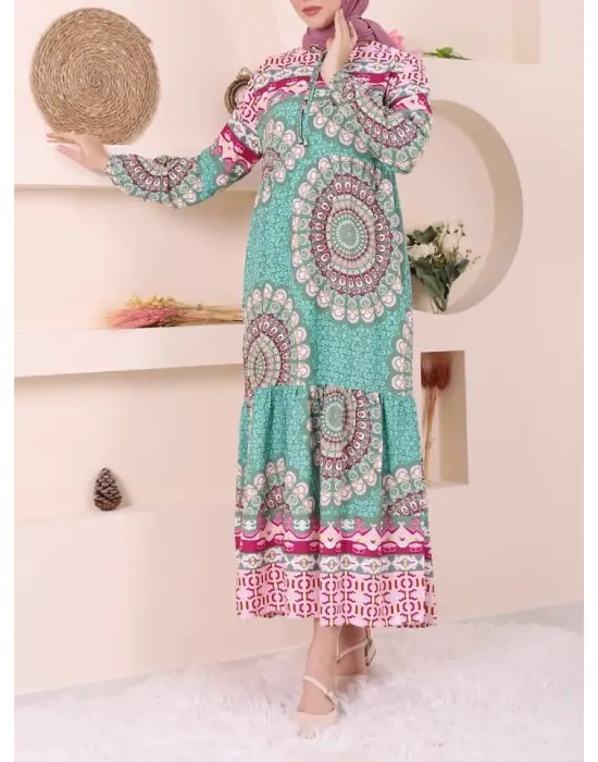 Yeşil Parçalı Deseli Bağcıklı Elbise