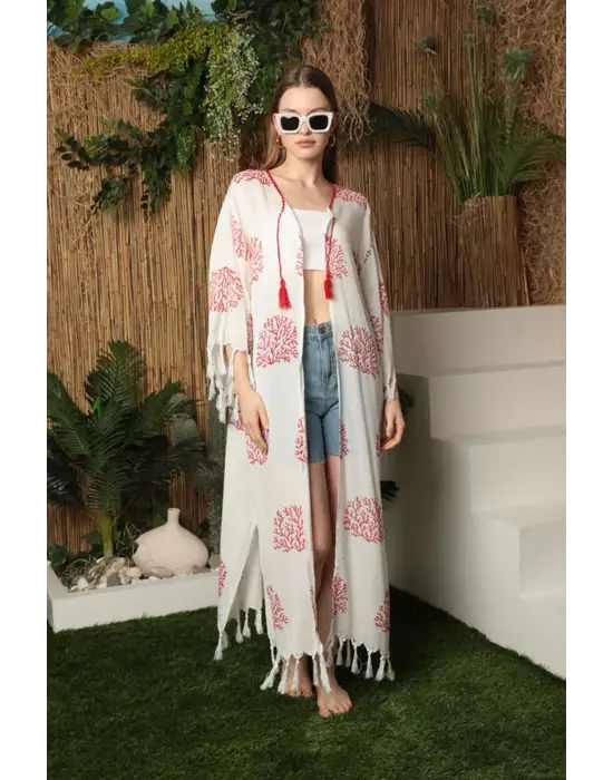 Omarı Trendy Çiçek Desenli Pareo - KIRMIZI