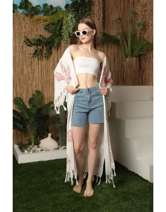 Omarı Trendy Çiçek Desenli Pareo - KIRMIZI