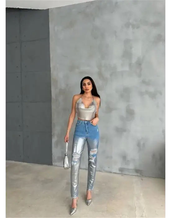 Omarı Yırtıklı Varak Detaylı Mom Kot Pantolon - Gümüş