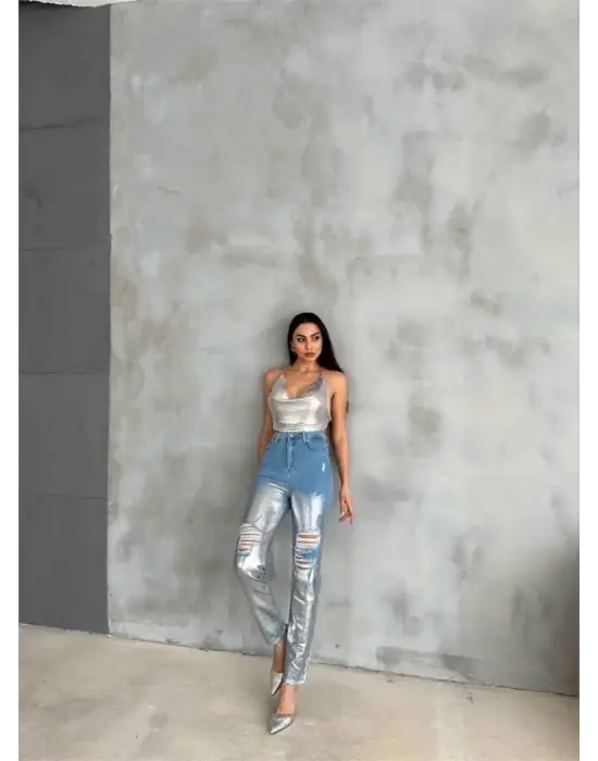 Omarı Yırtıklı Varak Detaylı Mom Kot Pantolon - Gümüş