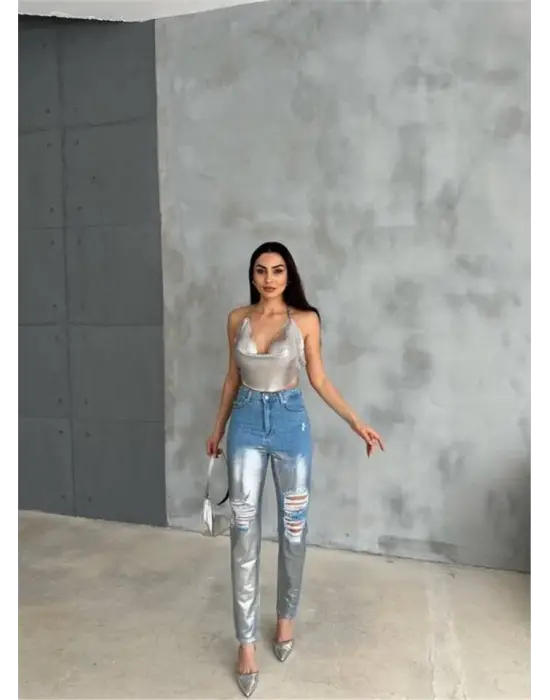 Omarı Yırtıklı Varak Detaylı Mom Kot Pantolon - Gümüş