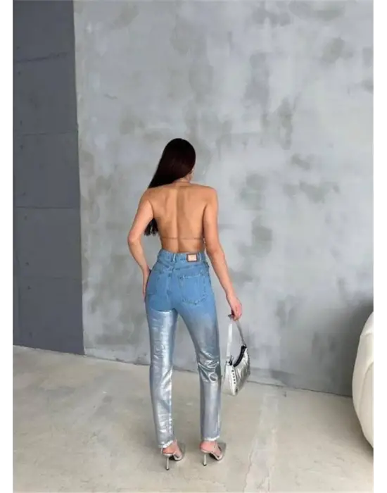 Omarı Yırtıklı Varak Detaylı Mom Kot Pantolon - Gümüş