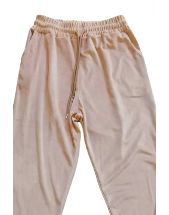 Parlak Kadife Cepli Pantolon Eşofman Pijama Altı Unisex Lastikli Paça Bej