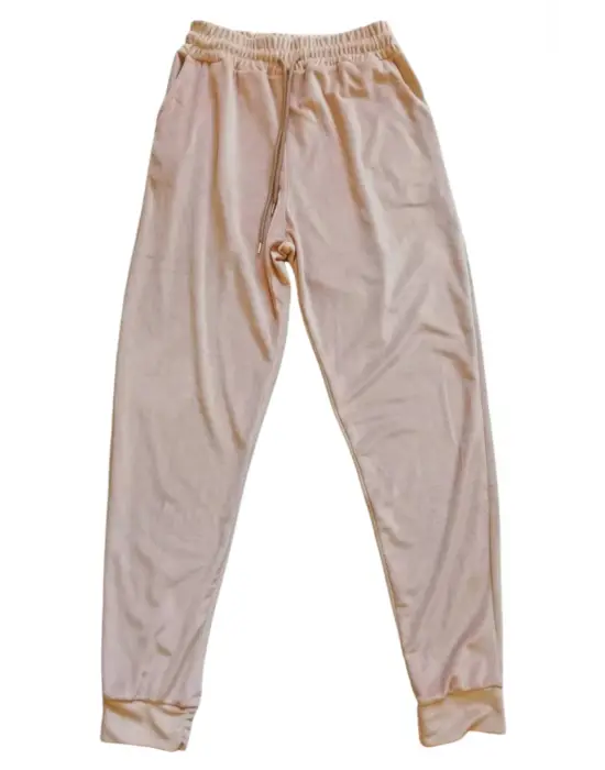 Parlak Kadife Cepli Pantolon Eşofman Pijama Altı Unisex Lastikli Paça Bej