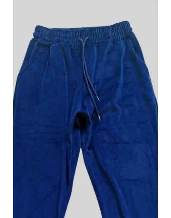 Parlak Kadife Cepli Pantolon Eşofman Pijama Altı Unisex Lastikli Paça Lacivert